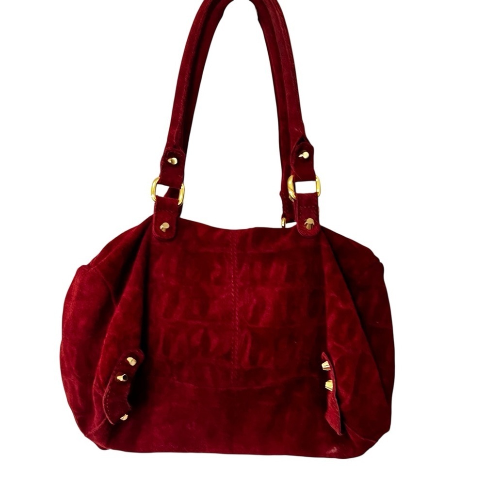 Linea Pelle Bag maroon suede shoulder tote bag purse with gold stud rivet detail